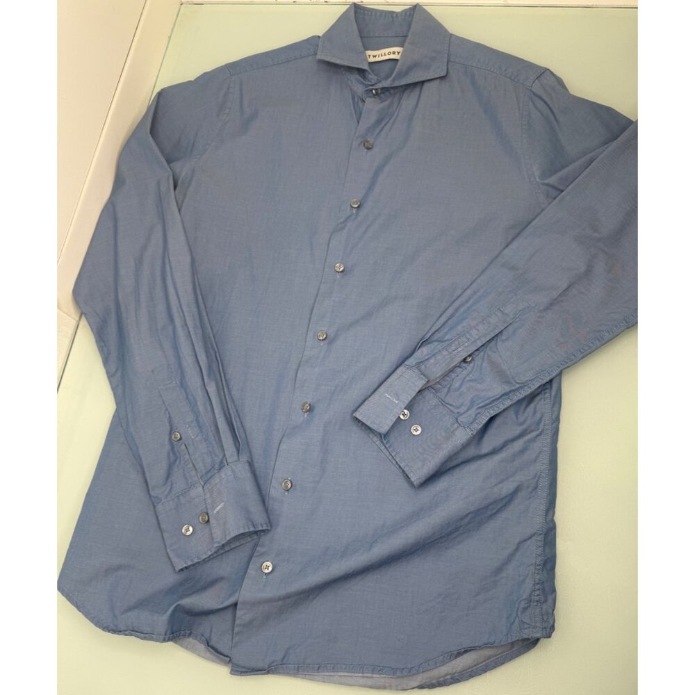 Twillory Men Dress Shirt 15.5 34-35 Tailored Fit Blue Spread Collar Medium M